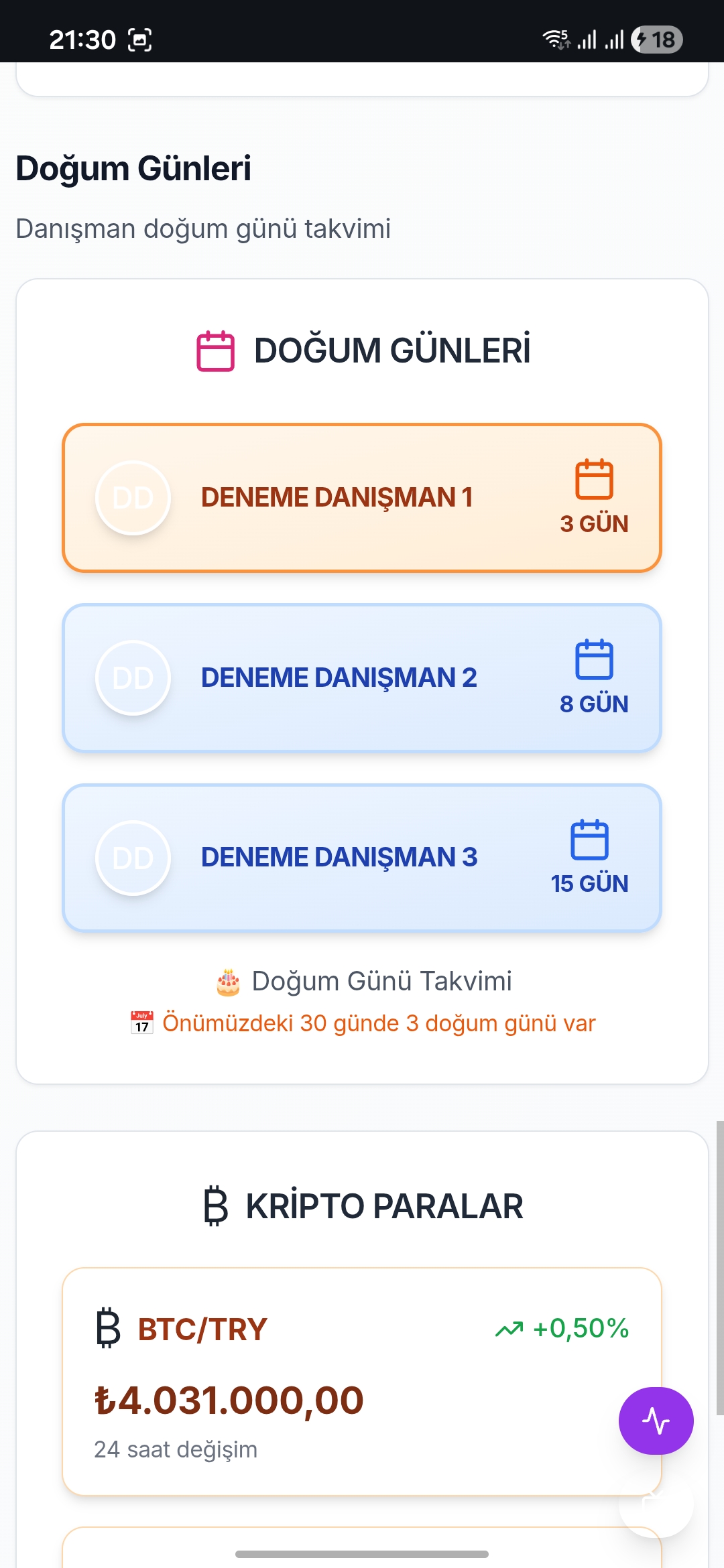 Doğum günleri ekranı